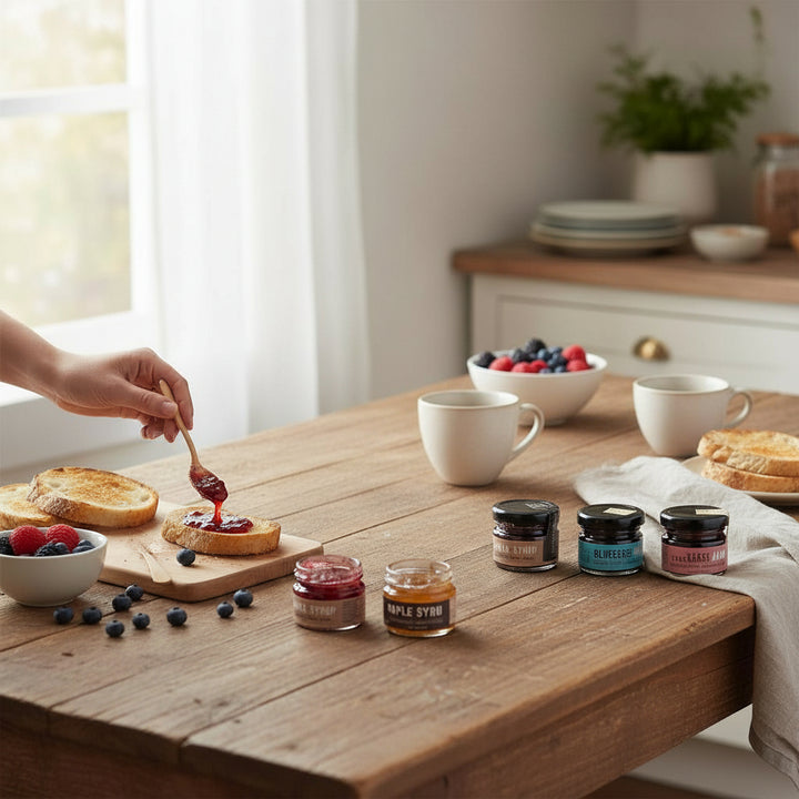 Person spreading jam on toast with various jars of jam on a wooden table.