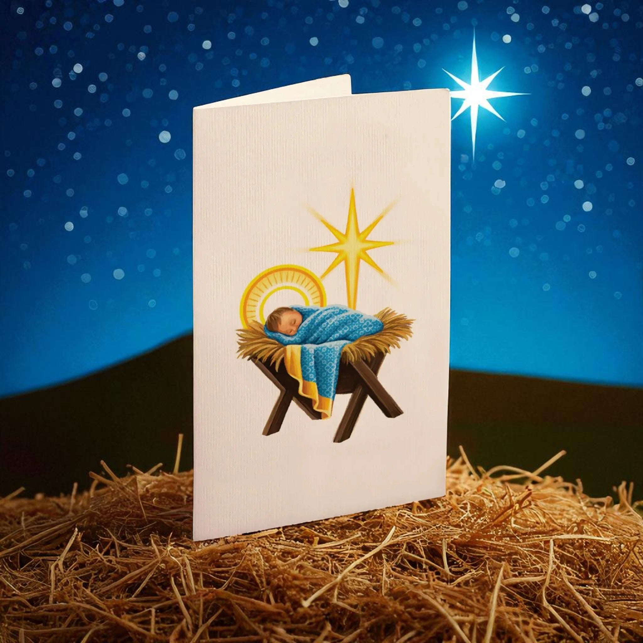 Christmas card with nativity scene illustration on a starry night background