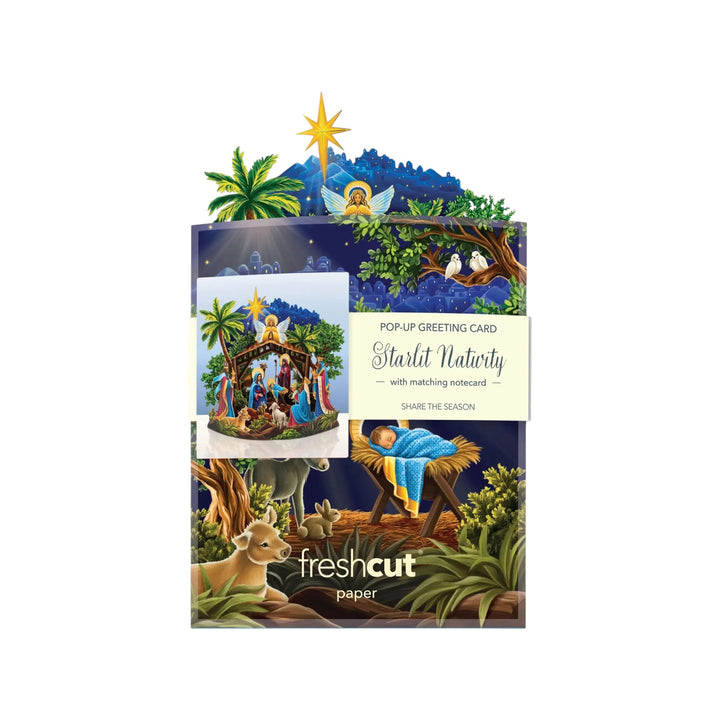 Pop-up greeting card with nativity scene design on a white background