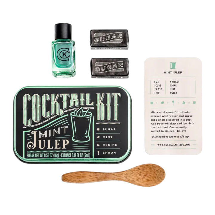 An overhead view (flatlay) of the Mint Julep kit contents: mint syrup, sugar, and stir sticks.