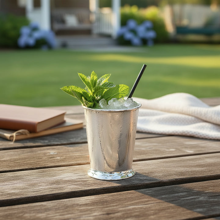 A frosty silver-plated cup filled with a mint julep, complete with crushed ice and fresh mint, sitting on an outdoor table.