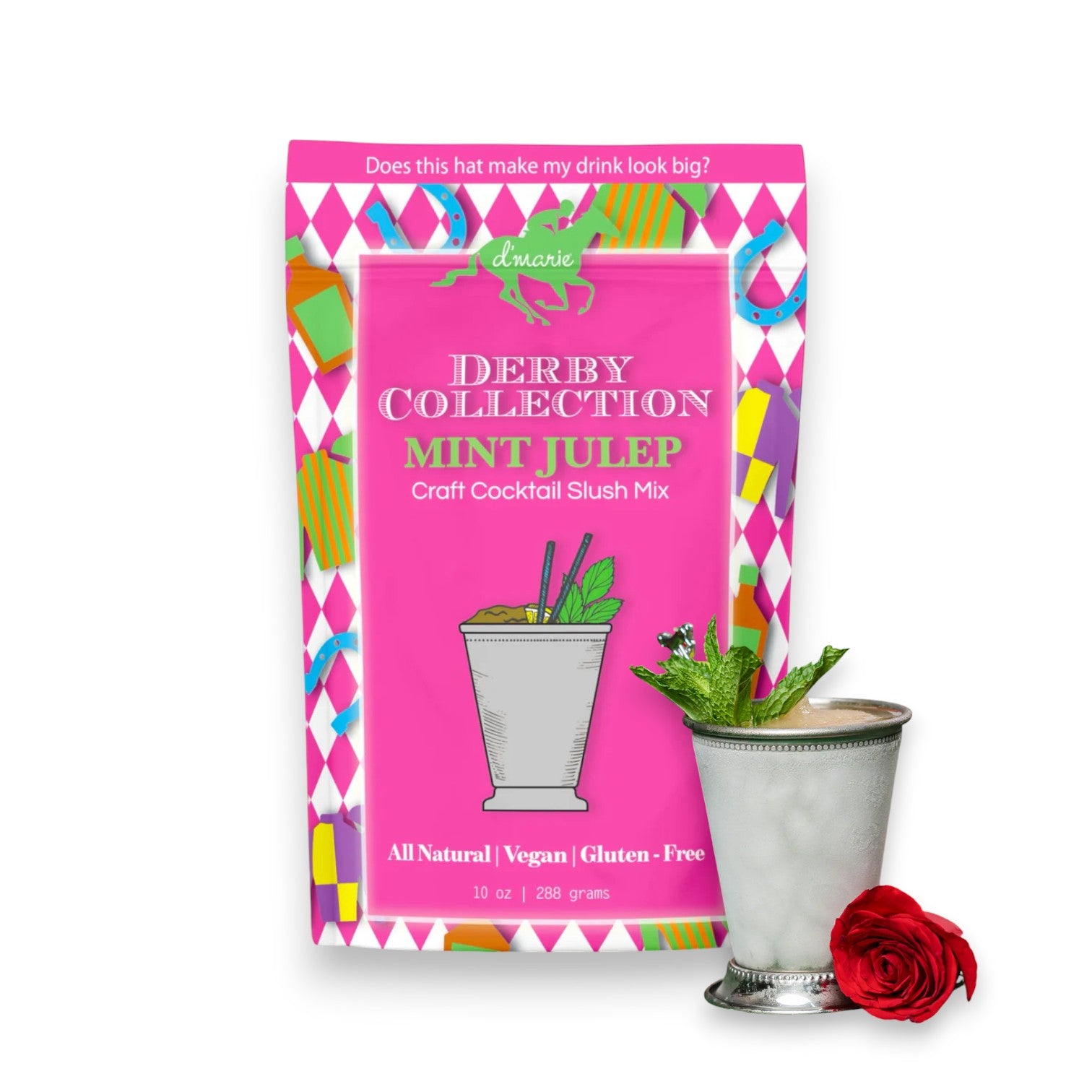 Derby Collection Mint Julep cocktail mix package with a mint julep glass and rose on a white background