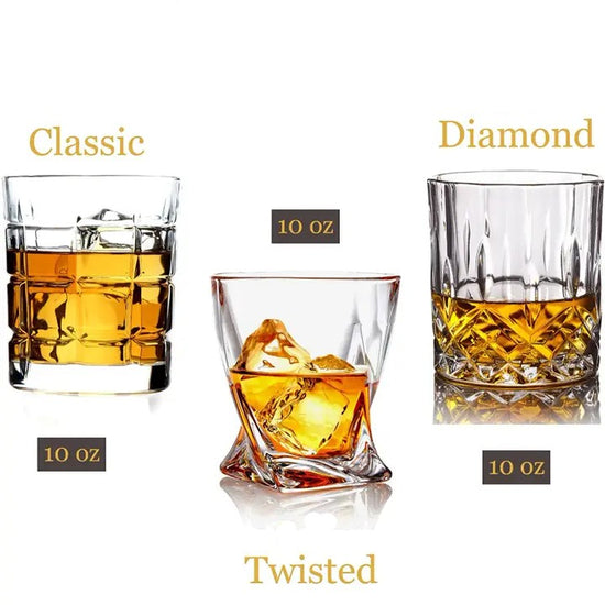 Three types of whiskey glasses labeled 'Classic', 'Diamond', and 'Twisted' with 10 oz capacity, filled with amber liquid.