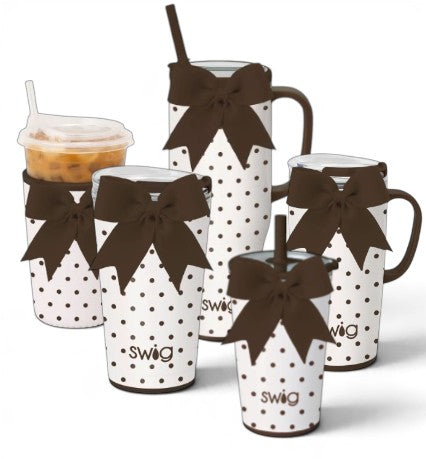 Swig Life Mocha Dots Collection | Insulated Mega Mug 40oz, Party Cup Sipper 14oz, Party Cup 24oz, Travel Mug 22oz, or Iced Cup Coolie