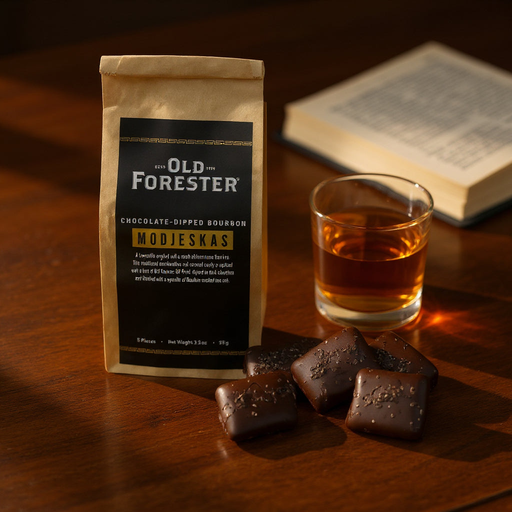 Old Forester chocolate-dipped bourbon Modjeskas with a glass of bourbon on a wooden table.