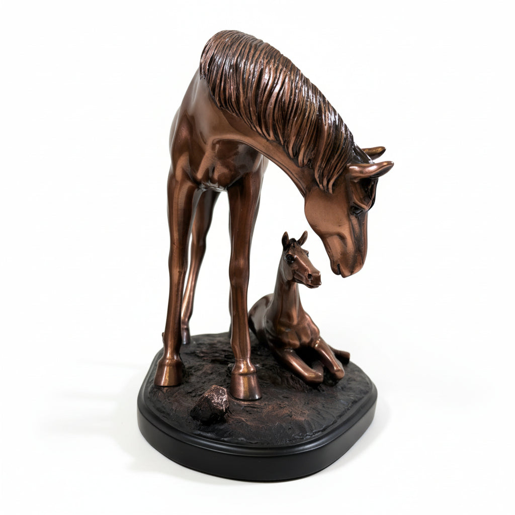 A front view showing the rich copper texture and heartwarming design of the mother and foal sculpture.