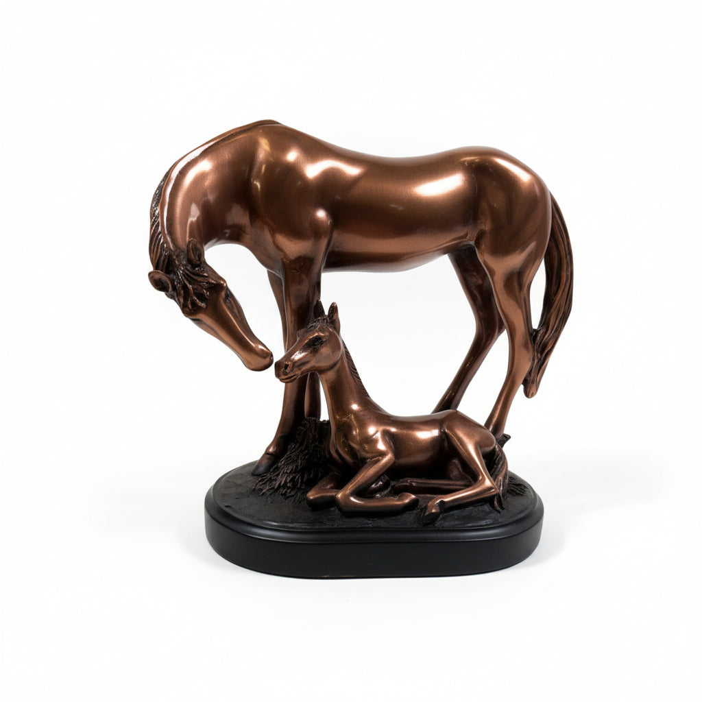 The 8-inch Copper sculpture of a mother horse and her foal on a white background