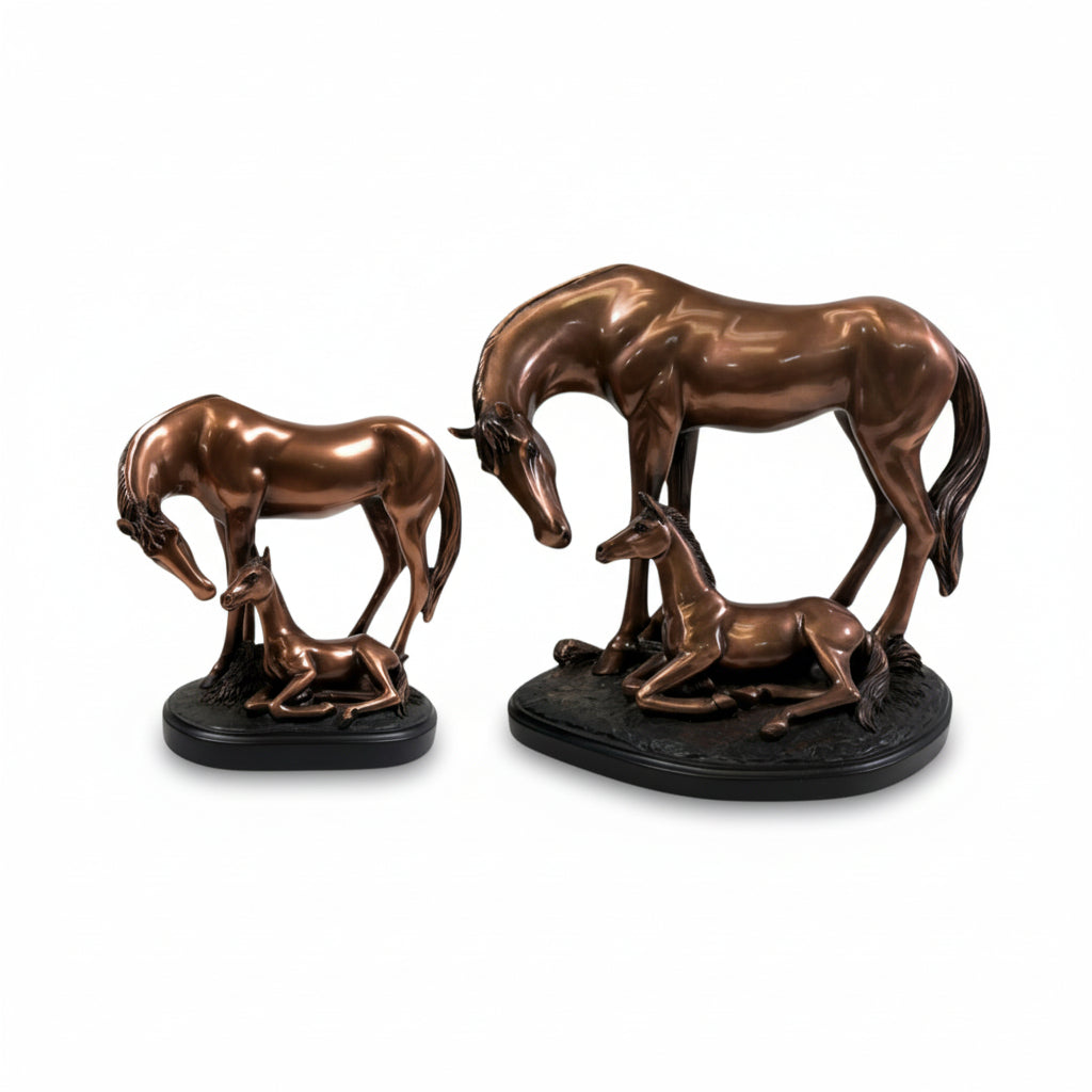 Both the 8-inch and 12-inch wide Copper Mom & Baby Horse Sculptures displayed side-by-side to show scale.