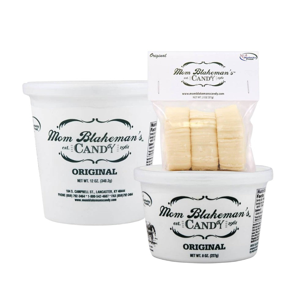 Two white containers with 'Mom Blaheman's Candy' branding, one open showing wrapped candies.