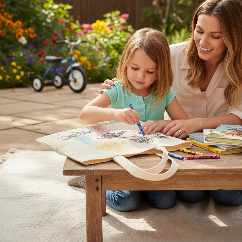  A mother and her young daughter enjoy a creative afternoon outdoors, coloring the horses on the tote bag together on a patio table.
