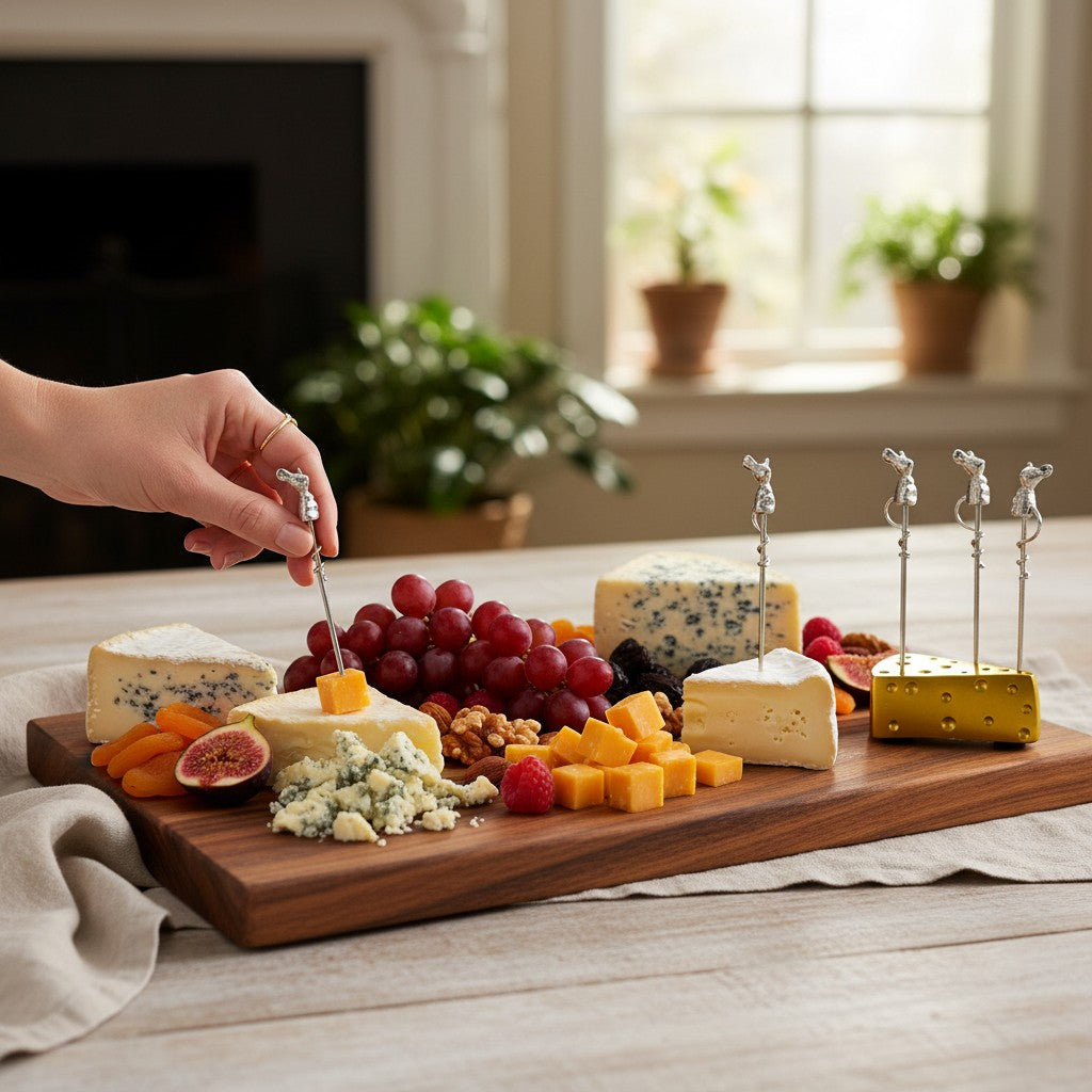 A lifestyle image showing the gilded mouse cheese picks in use on a beautiful charcuterie board with various cheeses and fruits.