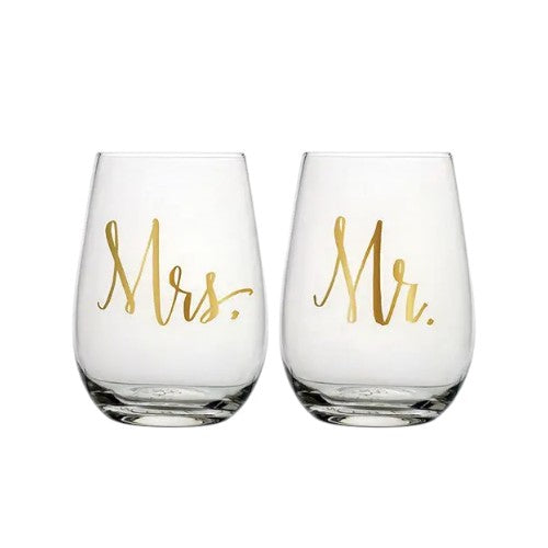 The Mr. and Mrs. stemless wine glass set on a clean white background.