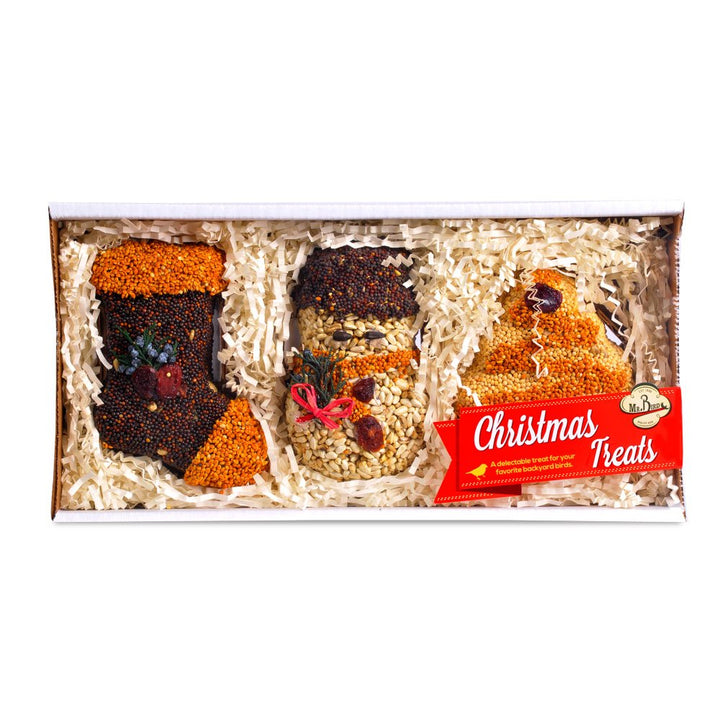 The Mr. Bird Christmas Shapes 3-Pack in its white display box, showing the tree, snowman, and stocking ornaments.