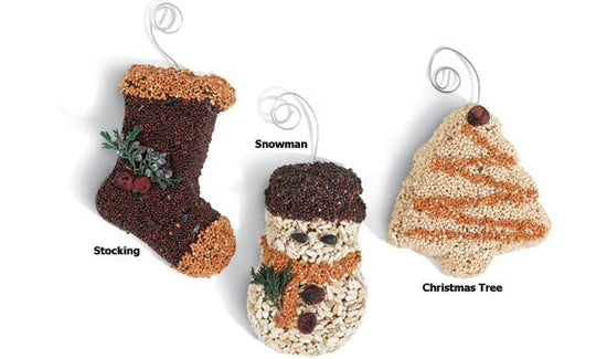 Three Christmas-themed bird feeders: a stocking, snowman, and Christmas tree, on a white background.
