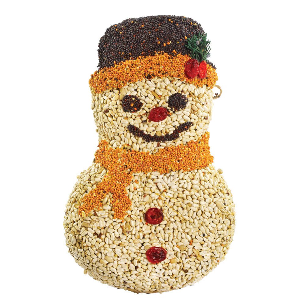 The Mr. Bird Frosty Snowman seed ornament on a clean white background, showing his cherry buttons and seed scarf.