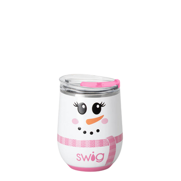 Ms. Frost 12oz Stemless Wine Tumbler, cute snowman design, pink scarf, splash-resistant slider lid