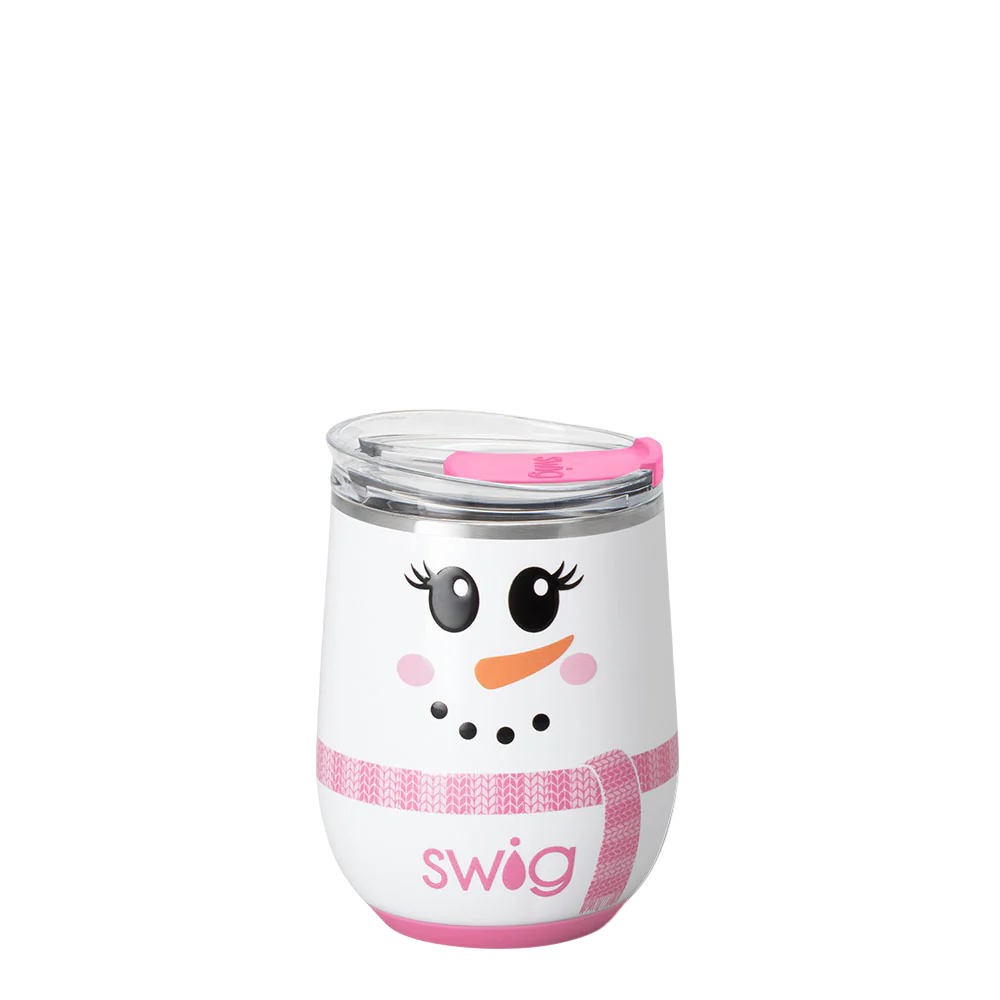 Ms. Frost 12oz Stemless Wine Tumbler, cute snowman design, pink scarf, splash-resistant slider lid
