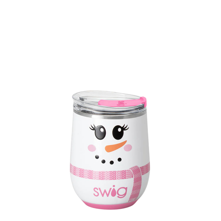 Ms. Frost 12oz Stemless Wine Tumbler, cute snowman design, pink scarf, splash-resistant slider lid