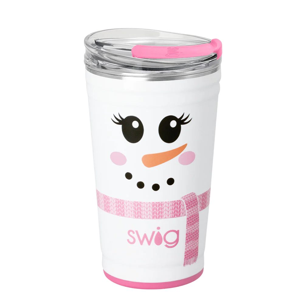 Ms. Frost 24oz Party Cup with cheerful snowman face and slider lid, holiday drinkware