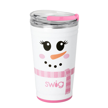Ms. Frost 24oz Party Cup with cheerful snowman face and slider lid, holiday drinkware