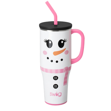 Ms. Frost 40oz Mega Mug with pink scarf and snowman face, handle and straw lid, festive holiday tumbler