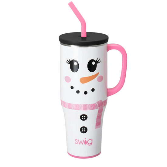 Ms. Frost 40oz Mega Mug with pink scarf and snowman face, handle and straw lid, festive holiday tumbler