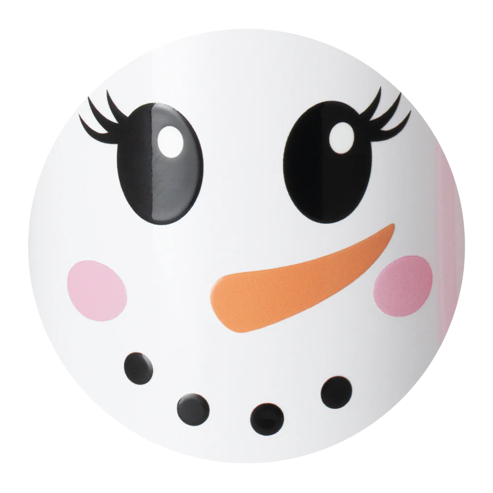 Close-up of Ms. Frost snowman face with lashes, carrot nose, rosy cheeks, and dotted smile on a white circular field.