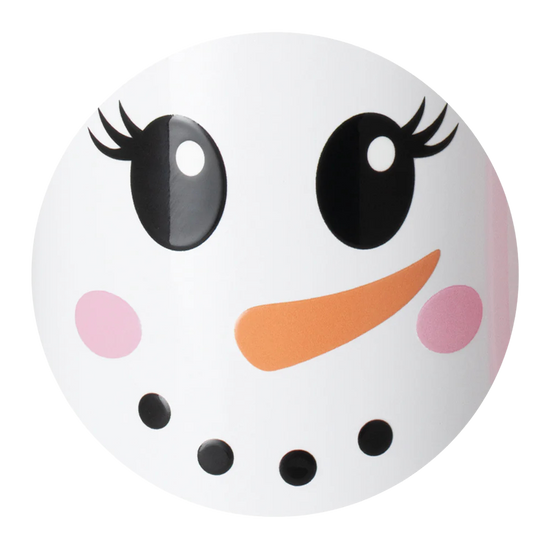 Close-up of Ms. Frost snowman face with lashes, carrot nose, rosy cheeks, and dotted smile on a white circular field.