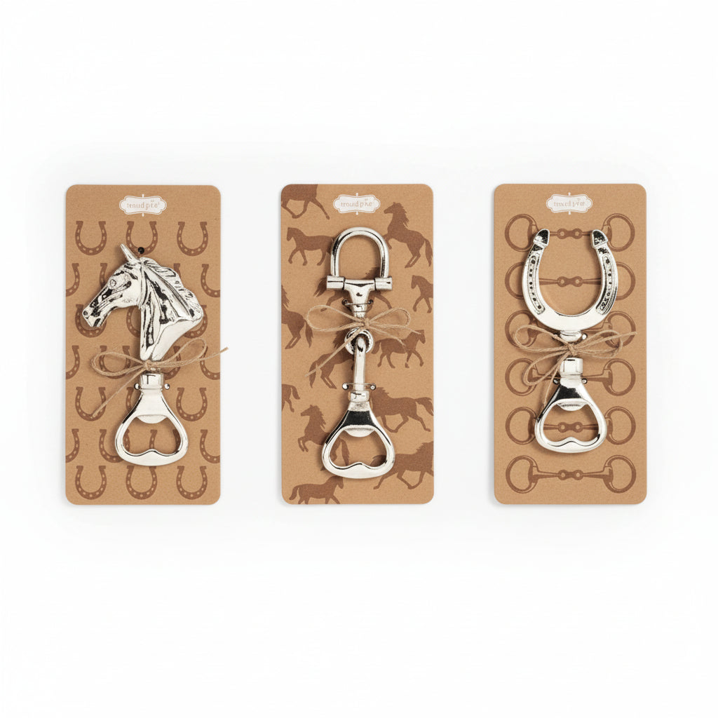 A group shot of the three Mud Pie horse-themed bottle openers: Horse Head, Bit, and Horseshoe designs.