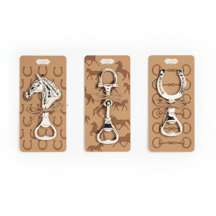 A group shot of the three Mud Pie horse-themed bottle openers: Horse Head, Bit, and Horseshoe designs.
