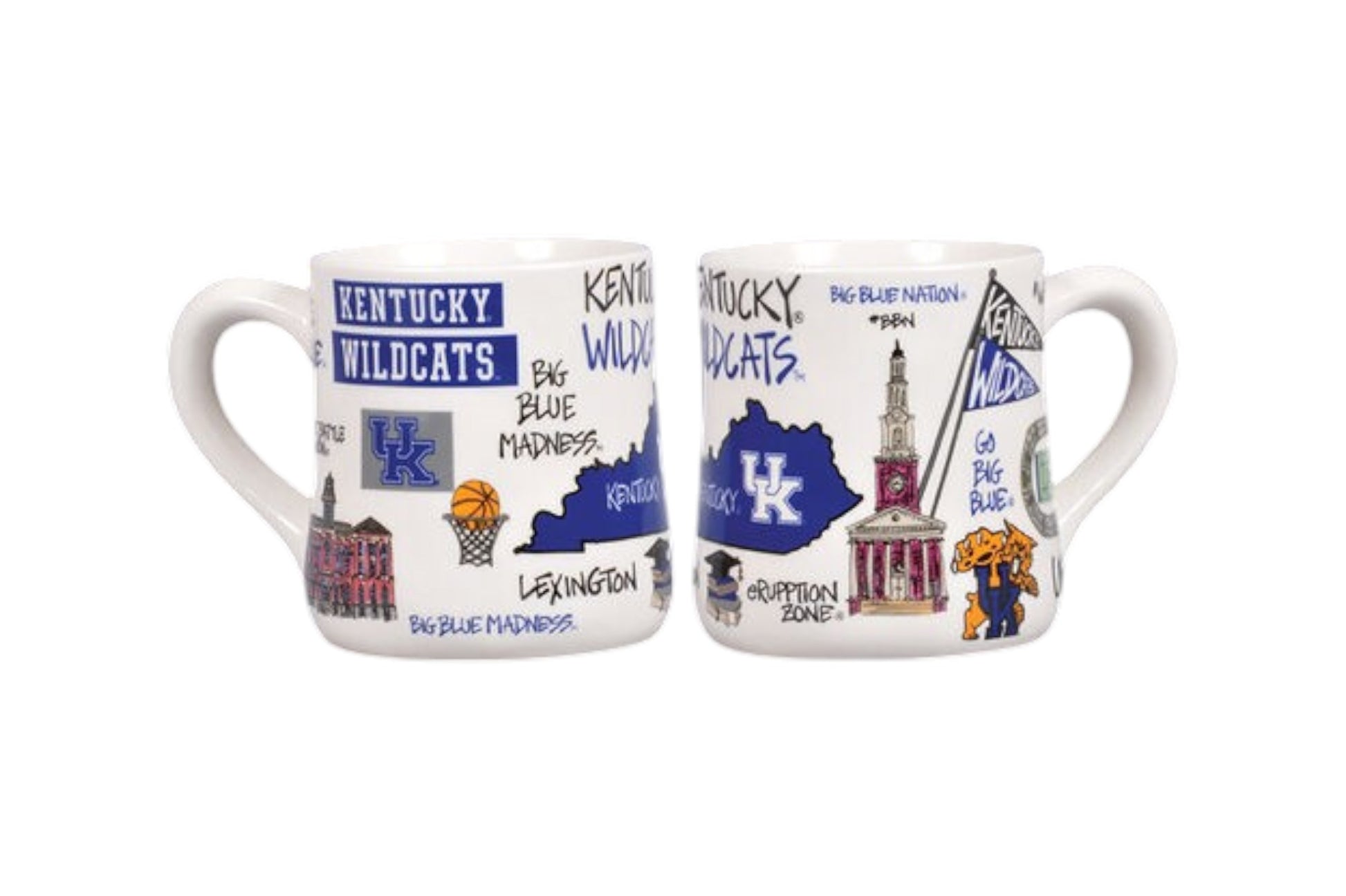 Two Kentucky Wildcats-themed mugs on a white background