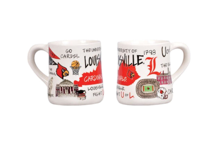 Two mugs with Louisville-themed designs on a white background