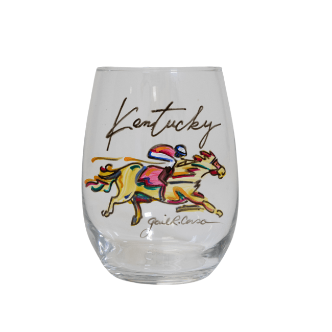 Multi - Color Horse & Jockey Stemless Wine Glass by Gail Corso - A Taste of Kentucky