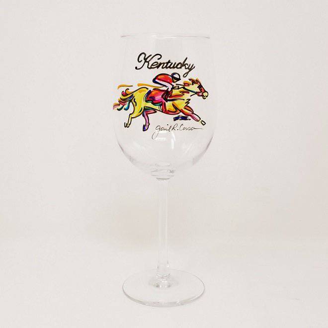 Multi - Color Horse & Jockey Wine Glass by Gail Corso - A Taste of Kentucky