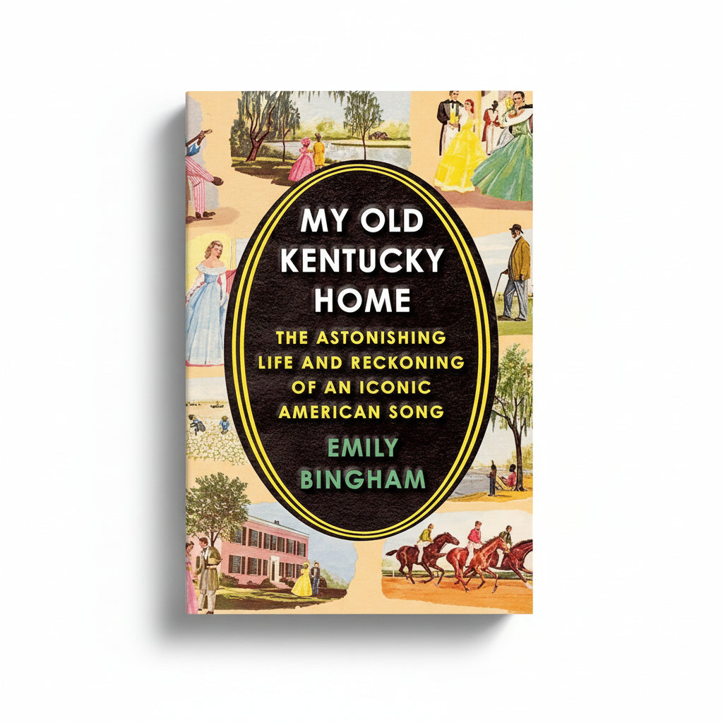 The illustrated cover of My Old Kentucky Home by Emily Bingham, featuring a vintage collage of Kentucky-related scenes around the title.