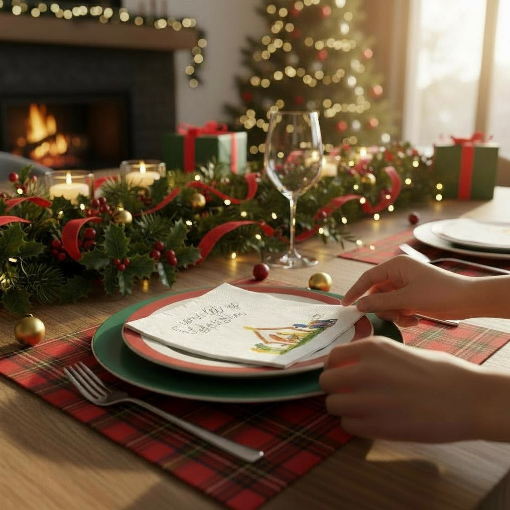 A festive holiday table setting with a Nativity napkin placed beside a plate and festive greenery.