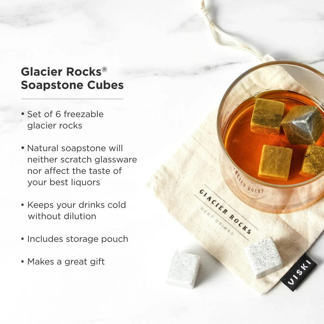 Glass with ice cubes and text about Glacier Rocks Soapstone Cubes on a white background