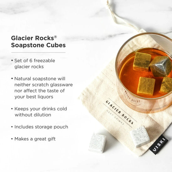 Glass with ice cubes and text about Glacier Rocks Soapstone Cubes on a white background