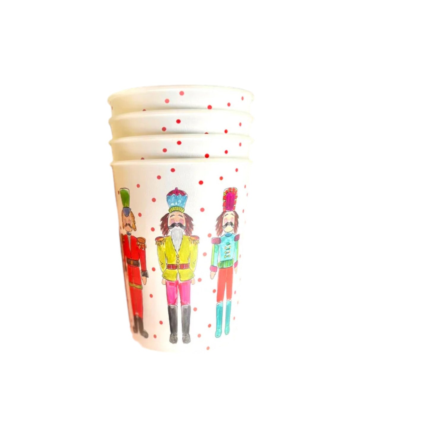 A whimsical reusable cup featuring colorful Nutcracker soldiers and polka dots.