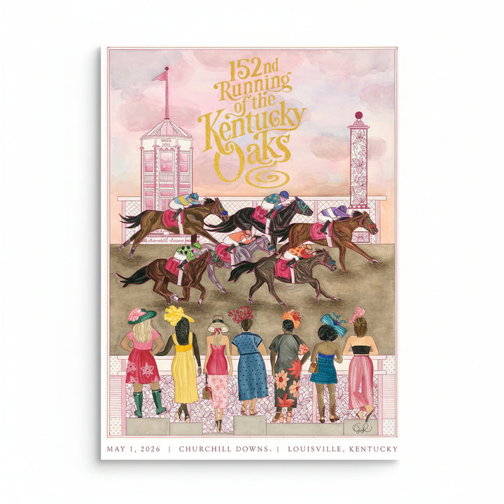 Front view of the 152nd Kentucky Oaks limited-edition print featuring gold foil accents and vibrant lily imagery.