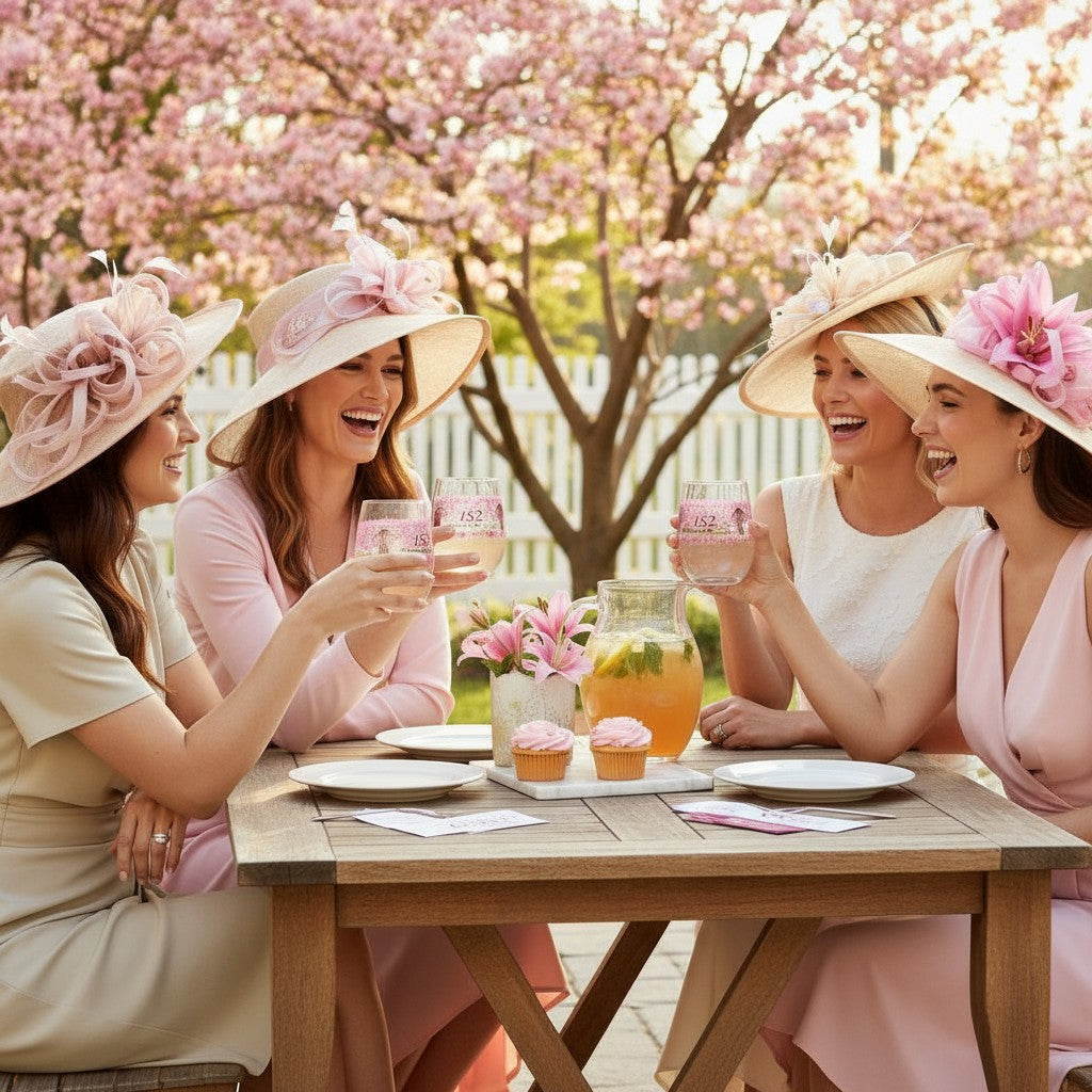 A lifestyle scene of guests toasting with the 152nd Kentucky Oaks stemless glasses.