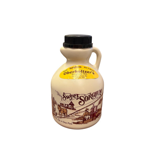 A 16-ounce jug of Oberholtzer’s Kentucky Sweet Sorghum, perfect for gifting.