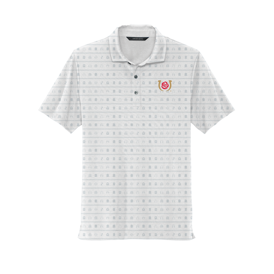 Front view of the white Official 152 Kentucky Derby Polo featuring a subtle pattern and chest logo.