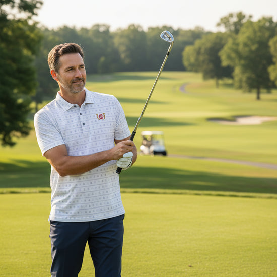 A man wearing the moisture-wicking Kentucky Derby 152 polo on a golf course.