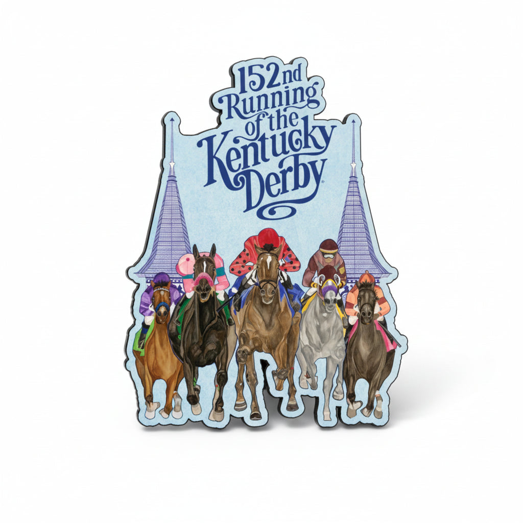 Front view of the Official 152nd Art of the Derby Lapel Pin featuring the event's signature artwork.