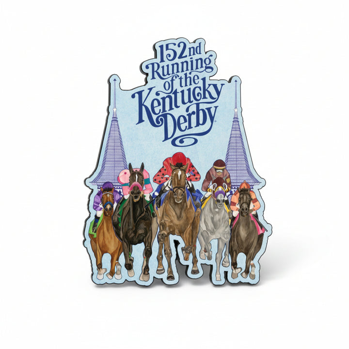 Front view of the Official 152nd Art of the Derby Lapel Pin featuring the event's signature artwork.