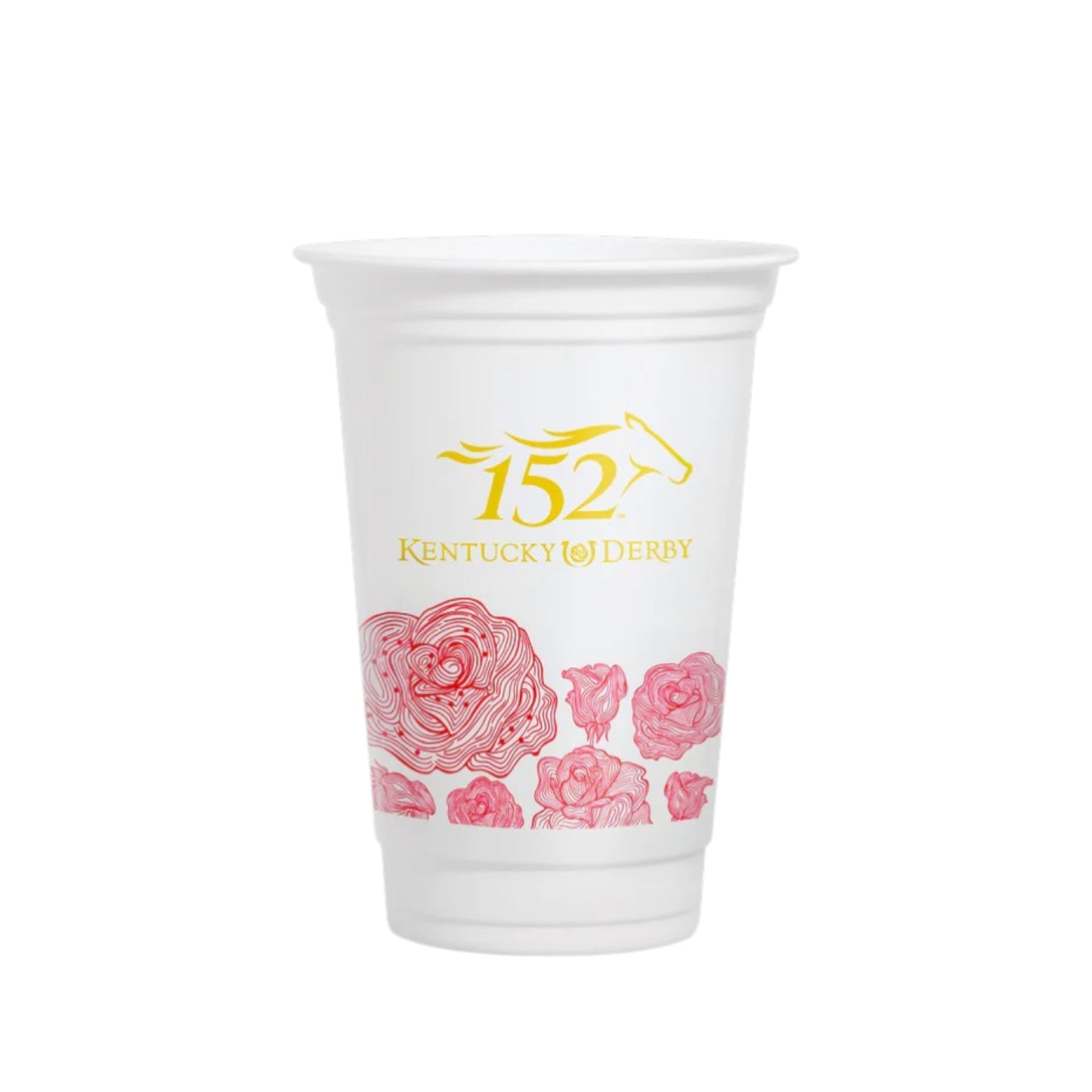 A premium 16oz white plastic cup featuring the official 152nd Kentucky Derby logo printed on the front.