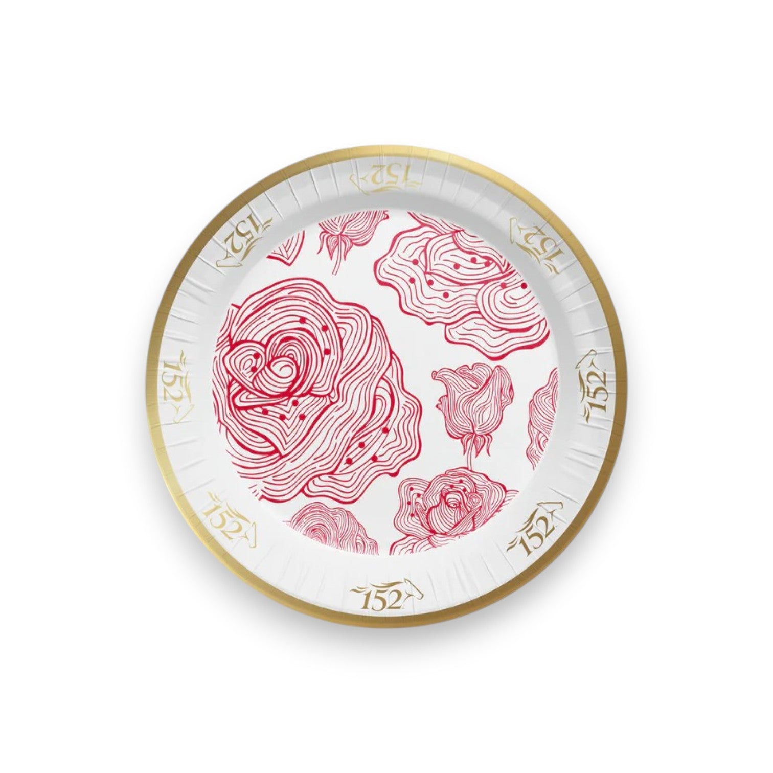 A round, 7-inch paper dessert plate featuring the official 152nd Kentucky Derby logo resting on a clean white background.