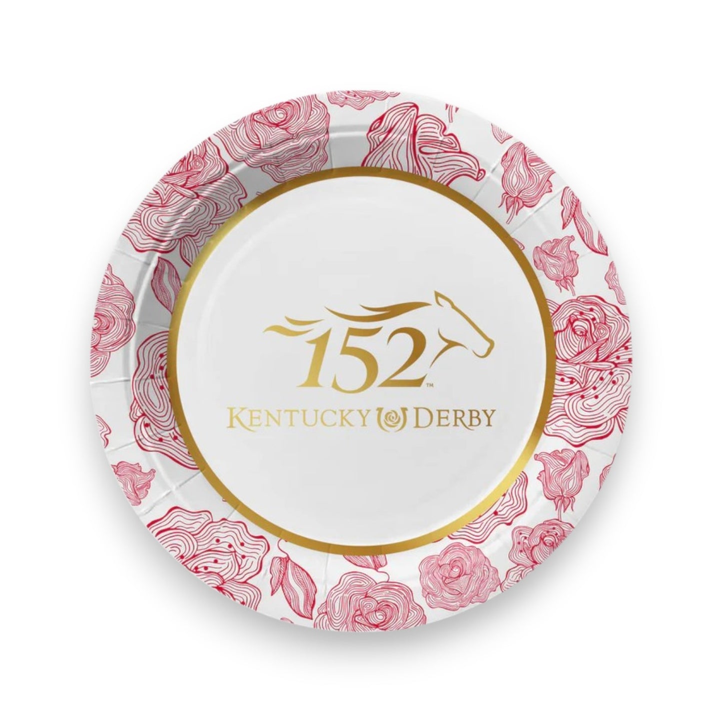 Kentucky Derby 152 paper plate with floral design and gold accents on a white background