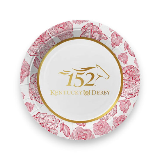 Kentucky Derby 152 paper plate with floral design and gold accents on a white background
